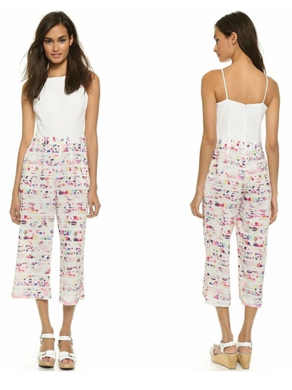 Shoshanna Sierra High Neck Straps Cropped Wide Leg White Watercolor Jumpsuit 2